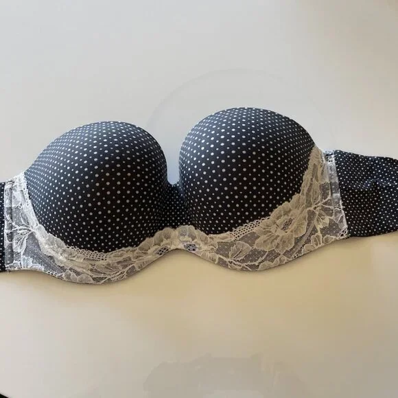 NWOT Victoria's Secret Strapless Black & White polkadot floral lace trim 38DDD - Picture 2 of 15